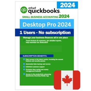 Puede incluir: Un anuncio de QuickBooks Desktop Pro 2024 con un diseño verde y azul. La imagen incluye el texto "1 Usuario - Sin suscripción" y "Administre sus finanzas comerciales en un solo lugar". Una bandera canadiense está en la esquina inferior derecha.
