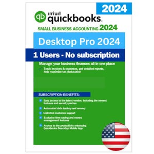 Puede incluir: Una caja de software blanca y verde de QuickBooks Desktop Pro 2024. La caja presenta el logotipo de QuickBooks, el texto "Small Business Accounting 2024" y detalles sobre las características del software, incluyendo "1 Usuario - Sin suscripción". Una bandera estadounidense está en la esquina inferior derecha.