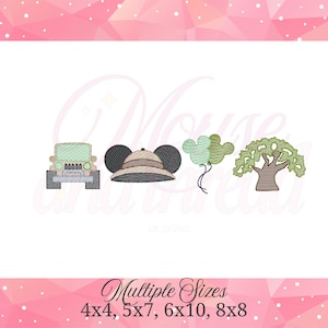 May include: An embroidered design featuring a green jeep, a safari hat with mouse ears, two green mouse-shaped balloons, and a tree. The text "Multiple Sizes" and size options are also included.