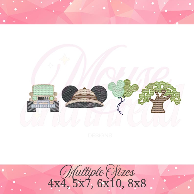 May include: An embroidered design featuring a green jeep, a safari hat with mouse ears, two green mouse-shaped balloons, and a tree. The text "Multiple Sizes" and size options are also included.