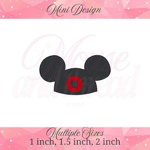 May include: Black mouse ears with a red heart-shaped design in the center. The image includes the text "Mini Design" at the top and "Multiple Sizes" with size options of 1 inch, 1.5 inch, and 2 inch at the bottom.