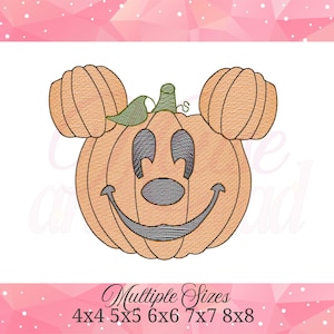 May include: An orange pumpkin embroidery design featuring a round face with a dark gray nose, arched eyes, and a wide smile. The pumpkin has two round ears on top and a green stem with a single leaf. Text below reads Multiple Sizes 4x4 5x5 6x6 7x7 8x8.