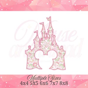 May include: Pink floral castle design with Mickey Mouse ears, outlined in a darker pink. The castle has multiple turrets and flags. Text at the bottom reads "Multiple Sizes" with size options 4x4, 5x5, 6x6, 7x7, and 8x8.