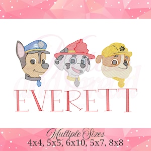 May include: Embroidered design featuring three cartoon dog faces: a police dog, a Dalmatian firefighter, and a construction dog. The name "EVERETT" is stitched in red below the characters. The design is available in multiple sizes.