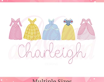 Princess Dresses sketch fill, light fill, quick stitch embroidery machine design download file 4x4, 5x7, 6x10, 8x8 Mouse and Thread Designs