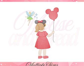 Green Fairy and Little Girl Embroidery Design, Magical Theme Machine Embroidery File, Mouse Ear Balloon Digital Download, 5 Sizes