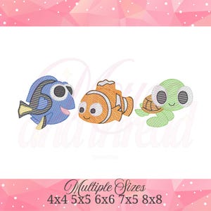May include: An embroidery design featuring three aquatic creatures: a blue tang fish, an orange clownfish with white stripes, and a small green sea turtle. The text below indicates multiple sizes including 4x4, 5x5, 6x6, 7x5, and 8x8 inches.