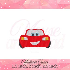 May include: An embroidered patch featuring a red cartoon car with a white windshield, blue eyes, a white mouth, and yellow headlights. The design is available in multiple sizes including 1.5 inch, 2 inch, and 2.5 inch options for various applications.