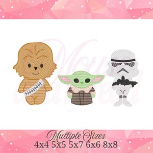 May include: Embroidered designs featuring Chewbacca, Grogu (Baby Yoda), and a Stormtrooper. The Chewbacca design is brown with a bandolier. Grogu is green with a brown coat. The Stormtrooper is white and holds a black blaster. The text "Multiple Sizes" is at the bottom.