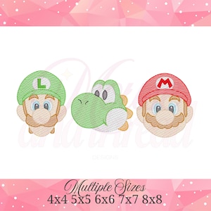 Puede incluir: Un diseño de bordado con tres cabezas de personajes: Luigi con gorra verde y L, un Yoshi verde, y Mario con gorra roja y M. El texto inferior dice Multiple Sizes 4x4 5x5 6x6 7x7 8x8. Los personajes presentan detalles de costura.