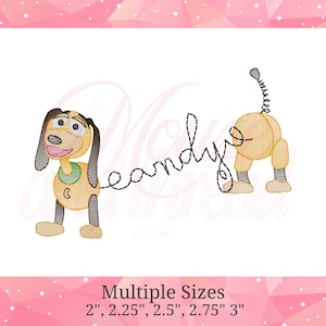 May include: An embroidered design featuring a cartoon dog with a yellow body, brown ears, and a spring tail. The word "Leandyo" is written in a cursive font. The design is available in multiple sizes, including 2", 2.25", 2.5", 2.75", and 3".