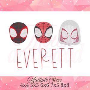 May include: An embroidery design featuring three superhero masks in black, red, and white, with the name EVERETT in red stitched lettering below. The image includes text indicating multiple sizes: 4x4, 5x5, 6x6, 7x5, and 8x8 inches.
