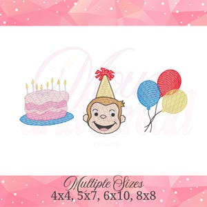 May include: An embroidered design featuring a birthday cake with candles, a monkey wearing a party hat, and three balloons. The design is in shades of pink, blue, yellow, and red. The text "Multiple Sizes" and size options are included.