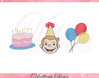 Birthday Monkey Embroidery Design Set | Sketchy Monkey with Party Hat, Balloons & Cake | Kids Birthday Machine Embroidery File