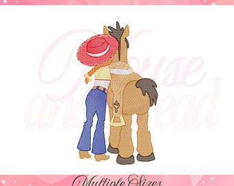 Cowgirl und Pferd Rückansicht Stickdatei, Western Girl Skizze Füllen, Farm Ranch Maschinenstickdatei, 4x4 5x5 6x6 7x7 8x8