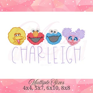 May include: An embroidered design featuring four cartoon character faces: a yellow bird, a red monster, a blue monster, and a purple-haired character. The name "CHARLEIGH" is stitched below the characters. The design is available in multiple sizes.