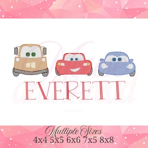 May include: An embroidery design featuring three cartoon cars in tan, red, and blue, positioned above the name EVERETT in red capital letters. Below the name, the text reads Multiple Sizes 4x4 5x5 6x6 7x5 8x8, indicating available dimensions.