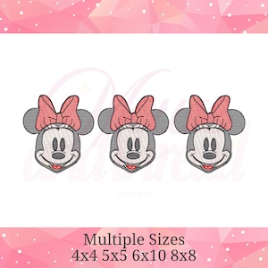 Könnte beinhalten: Drei gestickte Minnie-Mouse-Gesichtsdesigns mit roten Schleifen und lächelnden Gesichtern. Das Design ist in Schwarz, Weiß und Rot gehalten. Der Text "Multiple Sizes" steht darunter, mit den Größen 4x4, 5x5, 6x10 und 8x8.