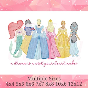 May include: An embroidered design featuring six cartoon princesses in colorful gowns. The princesses include a mermaid, Snow White, Cinderella, Aurora, Belle, and Jasmine. The phrase "a dream is a wish your heart makes" is written below the princesses. Multiple sizes are available.