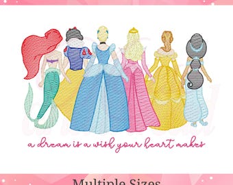 Princess Back View Sketch Embroidery Design Fairytale Girls Outline Stitch Storybook Gown Inspired Sketch Fill Machine Embroidery 7 sizes