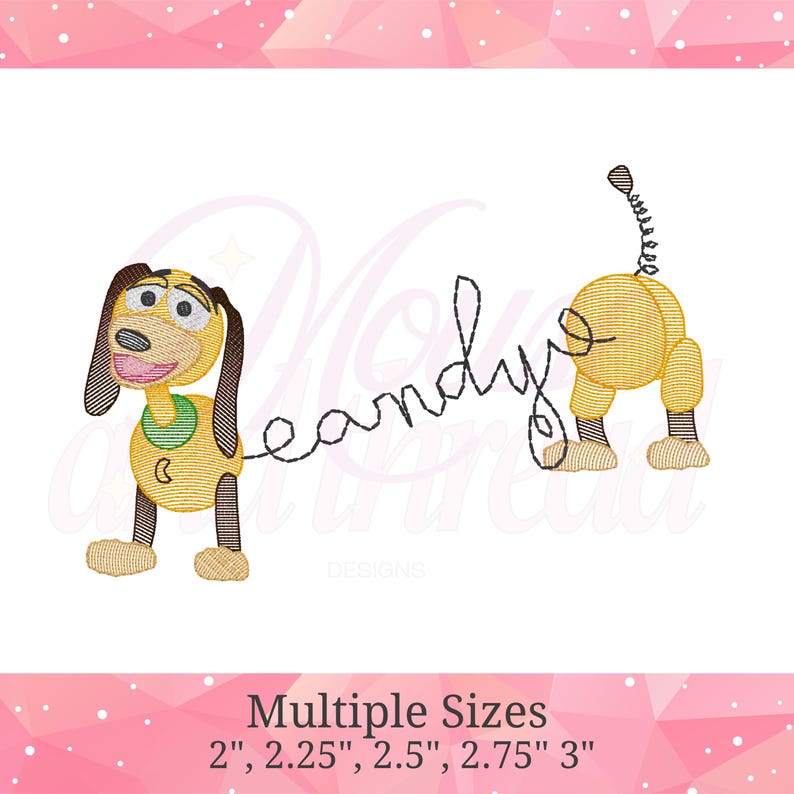 May include: An embroidered design featuring a cartoon dog with a yellow body, brown ears, and a spring tail. The word "Leandyo" is written in a cursive font. The design is available in multiple sizes, ranging from 2 inches to 3 inches.