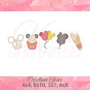 Könnte beinhalten: Gestickte Designs eines Brezels, Cupcakes, Luftballons, Eis am Stiel und Eiswaffel. Der Cupcake hat ein Mickey Mouse-Design. Die Luftballons sind rot und gelb. Die Eiswaffel hat einen roten Streifen. Der Text "Multiple Sizes" steht unten.