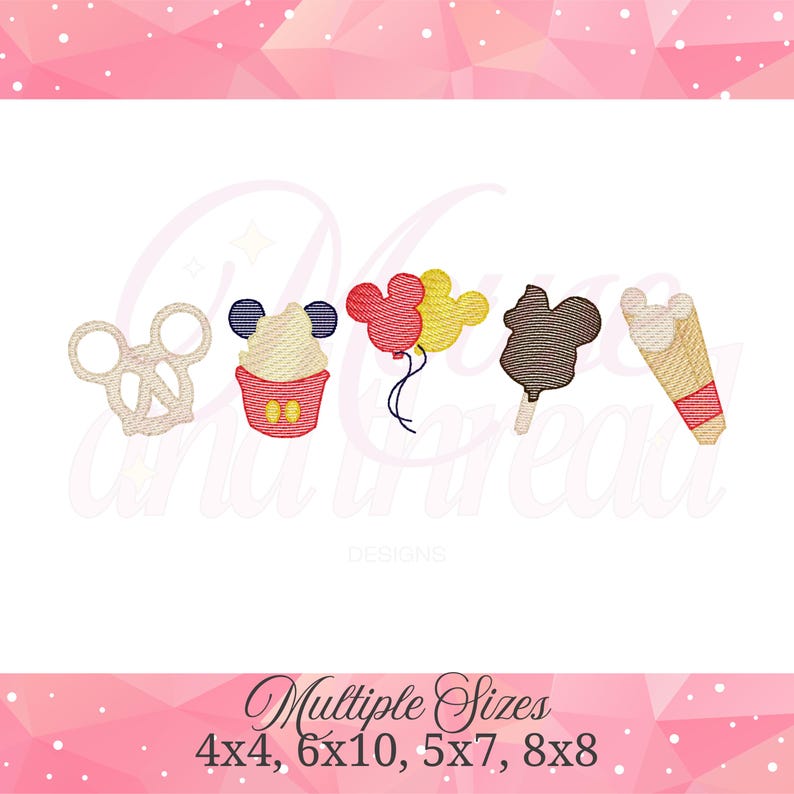 May include: Embroidered designs of a pretzel, cupcake, balloons, popsicle, and ice cream cone. The cupcake has a Mickey Mouse design. The balloons are red and yellow. The ice cream cone has a red stripe. The text "Multiple Sizes" is at the bottom.