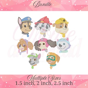 May include: A collection of embroidered dog faces from the animated series, each wearing a unique hat or helmet. The image includes the word "Bundle" at the top and "Multiple Sizes" with size measurements of 1.5, 2, and 2.5 inches at the bottom.