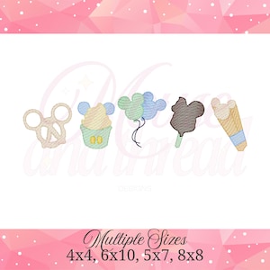 May include: An embroidered design featuring a pretzel, cupcake, balloons, ice cream bar, and ice cream cone. The designs are in pastel colors with mouse ear details. The text "Multiple Sizes" and size options are at the bottom.