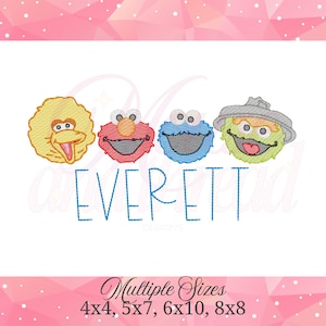 May include: An embroidered design featuring four cartoon character faces in yellow, red, blue, and green. The name "EVERETT" is stitched in blue below the characters. The text "Multiple Sizes" and size dimensions are at the bottom.