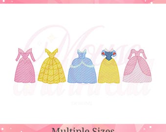 Princess Dresses sketch fill, light fill, quick stitch embroidery machine design download file 4x4, 5x7, 6x10, 8x8 Mouse and Thread Designs
