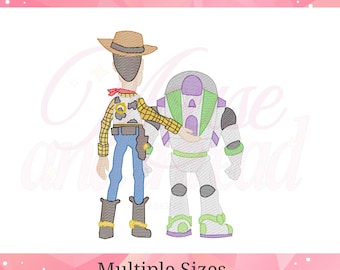 Cowboy and Space Ranger Sketch Fill Embroidery Design, Best Friends Trio Machine Embroidery File, 4x4 5x5 6x6 7x7 8x8, Quick Stitch