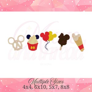 Könnte beinhalten: Gestickte Designs mit Mickey Mouse-Motiven, darunter eine Brezel, ein Cupcake, Luftballons, ein Eis am Stiel und eine Eistüte. Unter den Designs steht der Text "Multiple Sizes" mit den Größenoptionen 4x4, 6x10, 5x7 und 8x8.