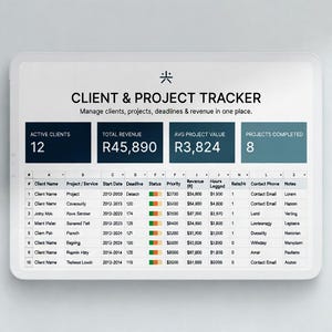 Puede incluir: Una tableta digital muestra una interfaz de "Client & Project Tracker". El panel muestra 12 clientes activos, unos ingresos totales de R45.890, un valor medio de proyecto de R3.824 y 8 proyectos completados. Los datos están organizados en columnas.