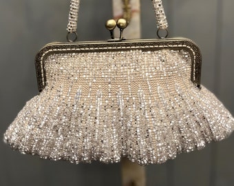 Perlen gestrickte Geldbörse, Hochzeit Geldbörse, Braut Geldbörse, funkelnde Handtasche, Vintage Stil Geldbörse, weiße Abendtasche, Glitzer Geldbörse, Silber Geldbörse