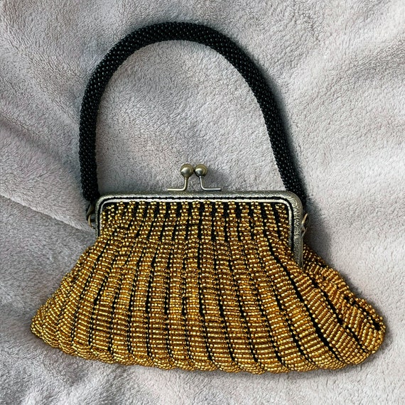 Bead Knitted Purse, Sparkling Beaded Hand Bag, Vintage Style Purse, Gold Evening Bag, Glitter Purse, Black and Gold Purse, Clutch Purse