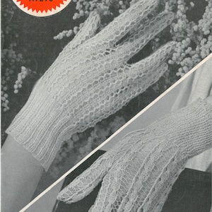 May include: Vintage black and white image of knitted lace gloves. The gloves are made of a delicate, open-weave pattern. The image includes text that reads "Weldons Knitwear" and "Knitted Lace Gloves". The gloves are a classic example of vintage knitwear.