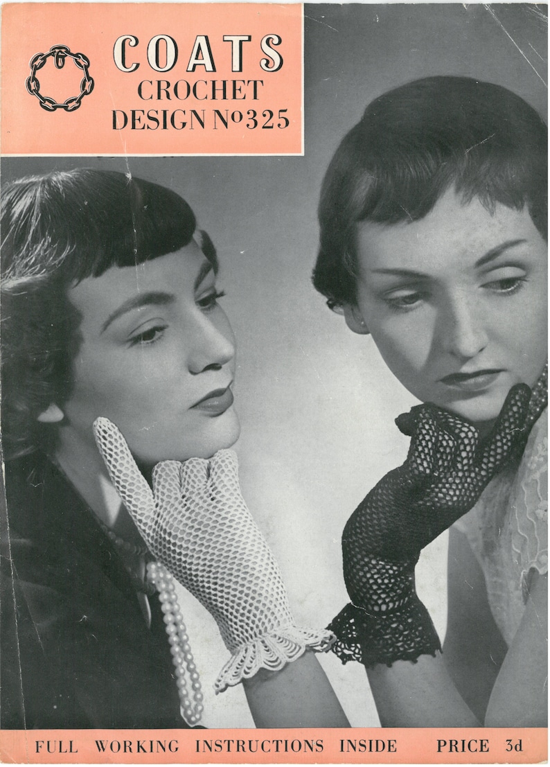 Vintage crochet encaje flor Park Avenue guantes patrón N325 - copia digital imagen 1