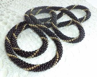 Crocheted Beaded Necklace or Bracelet  - Black and Gold