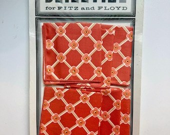 Vintage Fitz and Floyd "Ragtime Drinktime" Cocktail Napkins - Set of 6, Unopened, 1970s Retro Orange Floral Geometric, MCM Barware