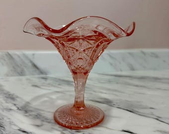 Vintage Pink Depression Glass Ruffled Candy Dish Pedestal Bowl, Geometric Diamond Cut Glass, Cottagecore Coquette Table Decor