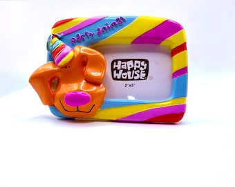 Happy House "Party Animal" Dog Picture Frame - 1990s Colorful 2x3 Resin Photo Frame, Retro Puppy Birthday Kid's Room Decor