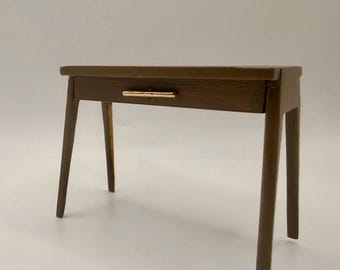 Handcrafted Mid Century Modern Wood Desk, 1:12 Scale Miniature Writing Table, Gold Handle