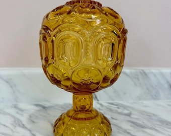 Vintage L.E. Smith Amber Moon and Stars Candy Dish, Mid Century Pedestal Compote
