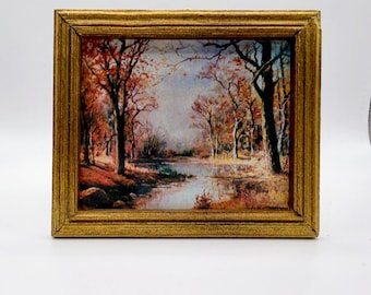 Vintage October Morn Miniature Painting, Robert Wood Landscape Print, Gold Frame