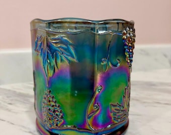 Vintage Amethyst Carnival Glass Vase, Iridescent Harvest Grape Candy Dish, MCM Open Bud Vase