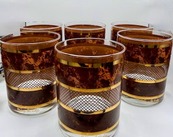 Vintage Georges Briard Tortoise & 22K Gold Crosshatch Rocks Glasses - Set of 6 MCM Double Old Fashioned Lowball Barware