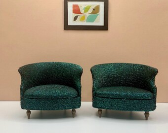 Vintage MCM Petite Princess Salon Chairs, Blue Green Brocade, 1:12 Scale Pair