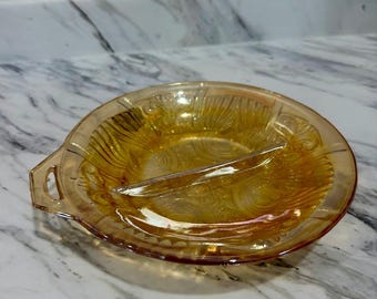 MCM Marigold Carnival Glass Relish Dish, Iris Herringbone Divided Tray Handle