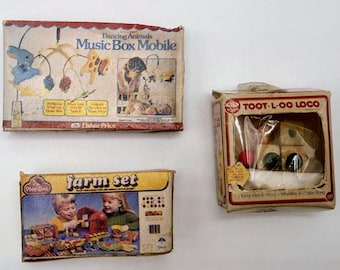 Vintage Miniature Toy Boxes Lot, 1:12 Scale Fisher-Price, Play-Doh Farm Set